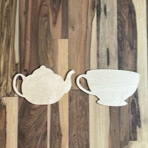 Wood pieces for DIY.  Tea pot and cup wood shapes